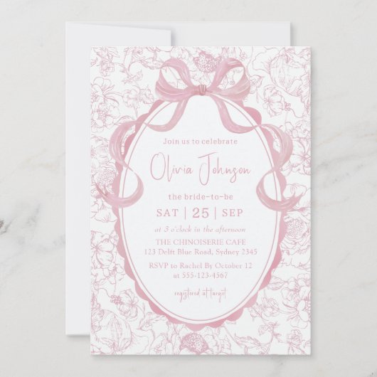 Pink Bow Floral Chinoiserie Vrijgezellenfeest Kaart (Voorkant)