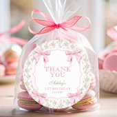 Pink Bow Floral Coquette 1st Birthday Thank You  Ronde Sticker