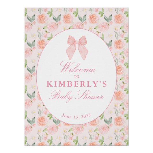 Pink Bow Floral Coquette Baby shower Welkomstbord Perfect Poster (Voorkant)