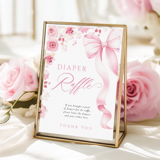 Pink Bow Floral Diaper Raffle Table Sign Poster