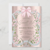 Pink Bow Floral Frame Rose Gold Sweet 16  Kaart (Voorkant)