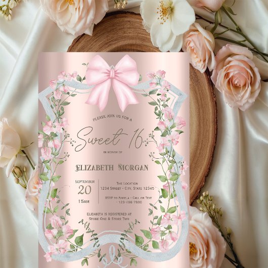 Pink Bow Floral Frame Rose Gold Sweet 16  Kaart