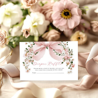 Pink Bow Floral Girl Baby Shower Diaper Raffle Informatiekaartje