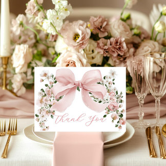 Pink Bow Floral Girl Baby Shower Thank You Card Bedankkaart