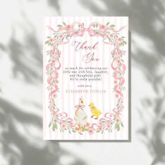 Pink Bow Floral Goose Baby Shower  Bedankkaart