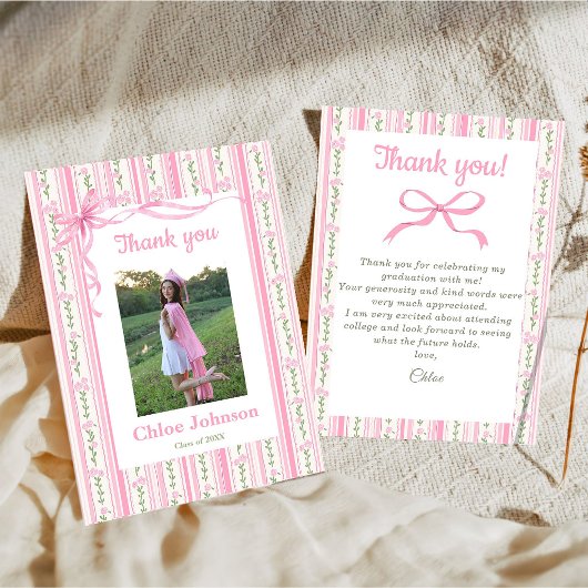 Pink Bow Floral Graduation Bedankkaart