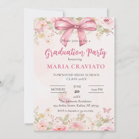 Pink Bow & Floral Graduation Party Uitnodiging (Voorkant)