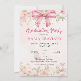 Pink Bow & Floral Graduation Party Uitnodiging