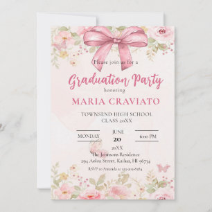 Pink Bow & Floral Graduation Party Uitnodiging