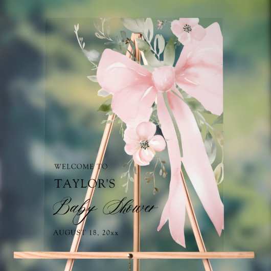 Pink Bow Floral Greenery Girl Baby Shower Welcome Acryl Bord (Neutraal)