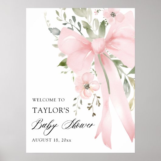 Pink Bow Floral Greenery Girl Baby Shower Welcome Poster (Voorkant)