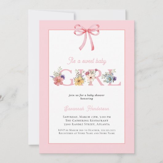 Pink Bow Floral Het is een meisje Baby shower Kaart (Voorkant)