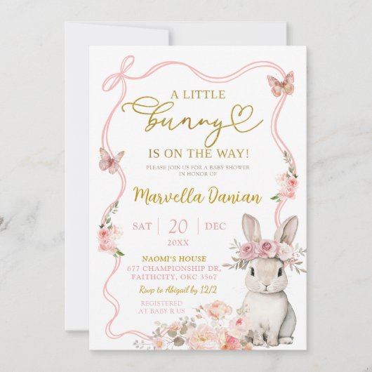 Pink Bow Floral Little Bunny Baby shower Kaart (Voorkant)