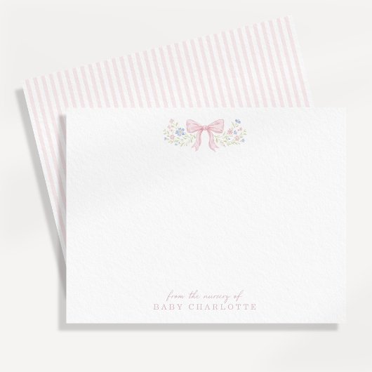 Pink Bow Floral Nursery Note Card Aankondiging