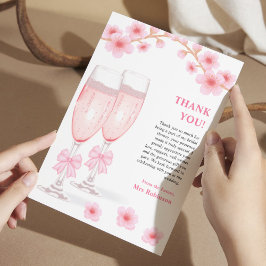 Pink Bow Floral Petals and Prosecco Bridal Shower  Bedankkaart