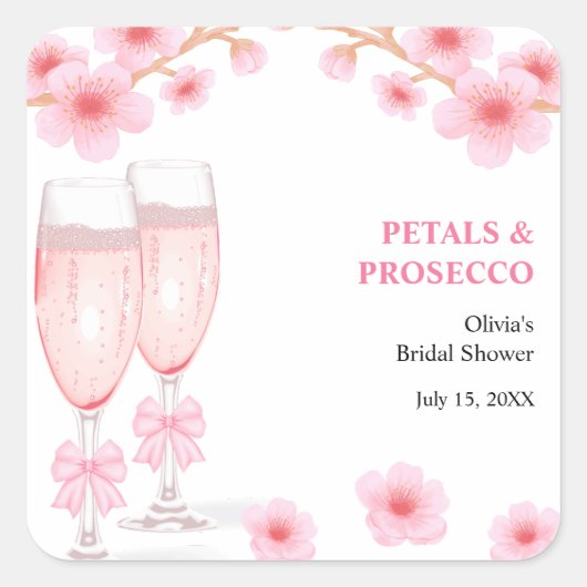 Pink Bow Floral Petals and Prosecco Bridal Shower  Vierkante Sticker (Voorkant)