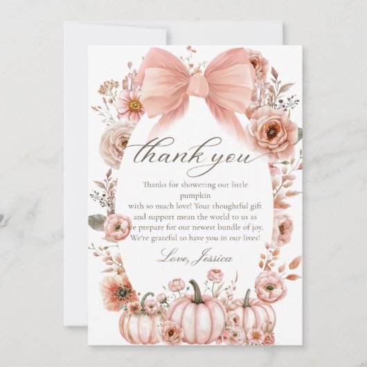 Pink Bow Floral Pumpkin Baby shower Bedankt kaart (Voorkant)
