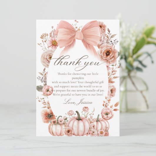 Pink Bow Floral Pumpkin Baby shower Bedankt kaart (Staand voorkant)