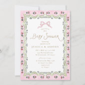 Pink Bow Floral Scalloped Frame Baby Shower  Kaart (Voorkant)