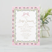 Pink Bow Floral Scalloped Frame Baby Shower  Kaart (Staand voorkant)