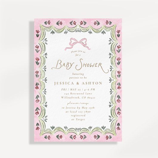 Pink Bow Floral Scalloped Frame Baby Shower  Kaart