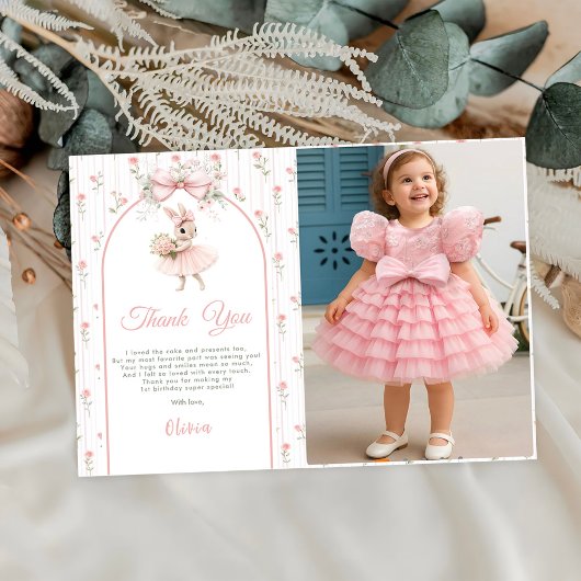 Pink Bow & Floral Some Bunny is One 1st Birthday Bedankkaart