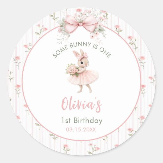 Pink Bow & Floral Some Bunny is One 1st Birthday Ronde Sticker (Voorkant)