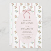 Pink Bow Floral Stripe Baby Shower Kaart (Voorkant / Achterkant)