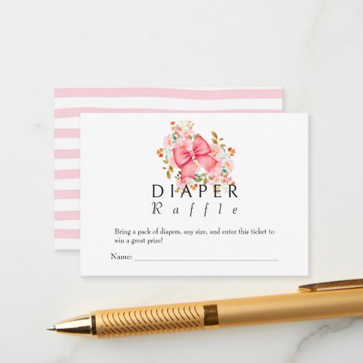 Pink Bow Floral waterverf baby shower Informatiekaartje (Voorkant / Achterkant in situ)