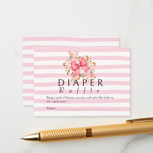 Pink Bow Floral waterverf baby shower Informatiekaartje (Voorkant / Achterkant in situ)