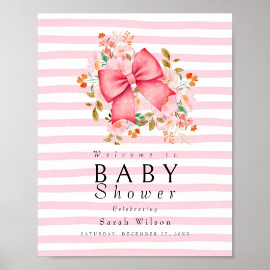 Pink Bow Floral waterverf baby shower Poster (Voorkant)