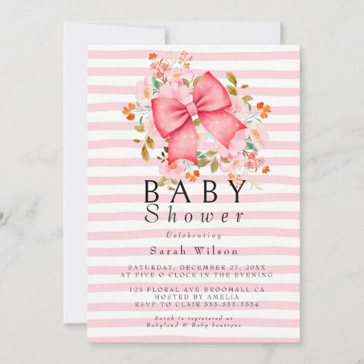 Pink Bow Floral waterverf baby shower uitnodiging (Voorkant)