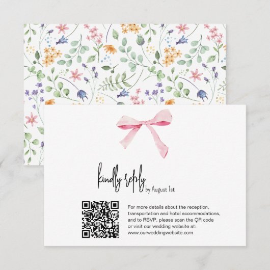 Pink Bow floral Wedding digital RSVP Card Qr code Kaart (Voorkant / Achterkant)