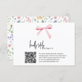 Pink Bow floral Wedding digital RSVP Card Qr code Kaart