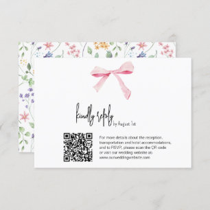 Pink Bow floral Wedding digital RSVP Card Qr code Kaart