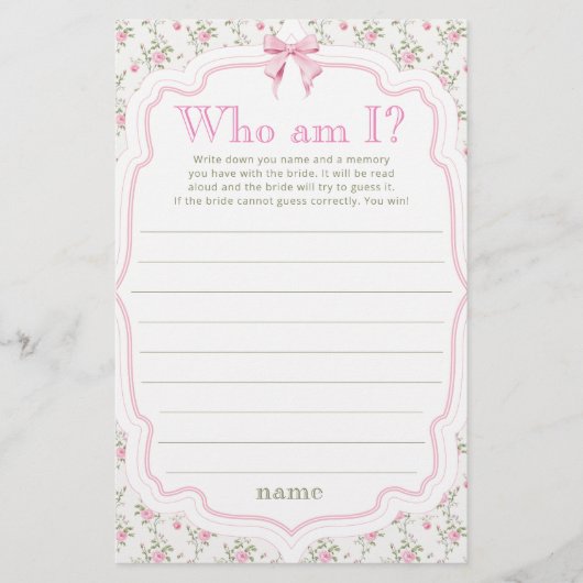 Pink Bow Floral Wie ben ik Vrijgezellenfeest Game  (Voorkant)
