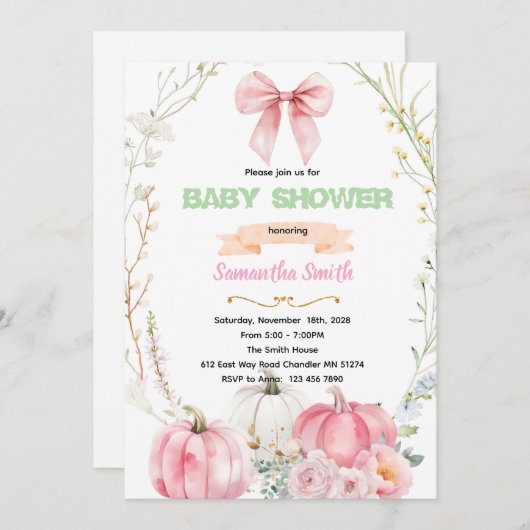 Pink Bow flower pumpkin Invitation Kaart (Voorkant / Achterkant)