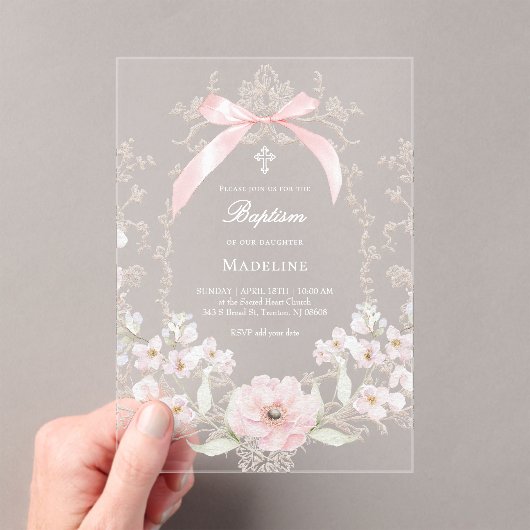  pink bow flowers frame Baptism Acryl Uitnodigingen (Insitu (Draagbaar))