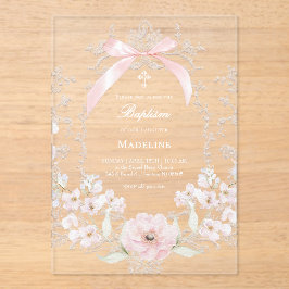  pink bow flowers frame Baptism Acryl Uitnodigingen