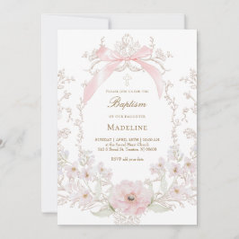  pink bow flowers frame Baptism Kaart