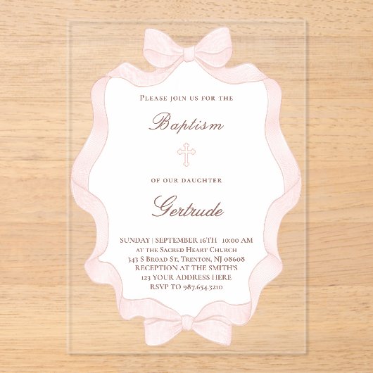  pink bow frame Baptism  Acryl Uitnodigingen (Voorkant)