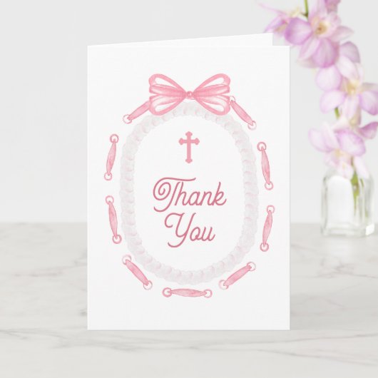 Pink Bow Frame Holy Cross Religious Thank You Kaart (Orchidee)