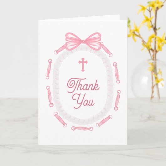 Pink Bow Frame Holy Cross Religious Thank You Kaart (Gele Bloem)