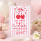 Pink Bow Fruit Sweet Cherry First Birthday Kaart