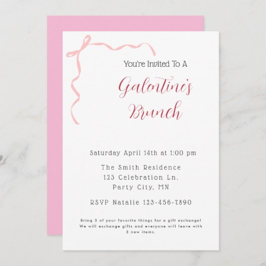 Pink Bow Galentine's Brunch Uitnodiging (Voorkant / Achterkant)