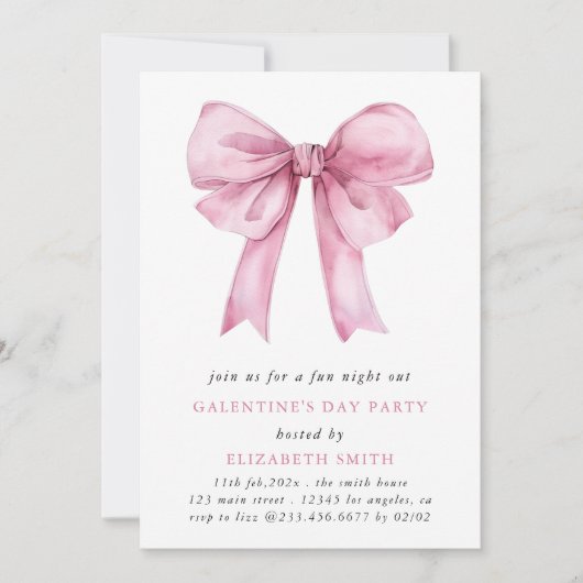 Pink Bow Galentines Day Party Uitnodiging (Voorkant)