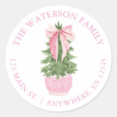 Pink Bow Ginger Jar Kerstboom Adres Ronde Sticker (Voorkant)