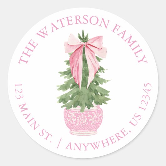 Pink Bow Ginger Jar Kerstboom Adres Ronde Sticker (Voorkant)