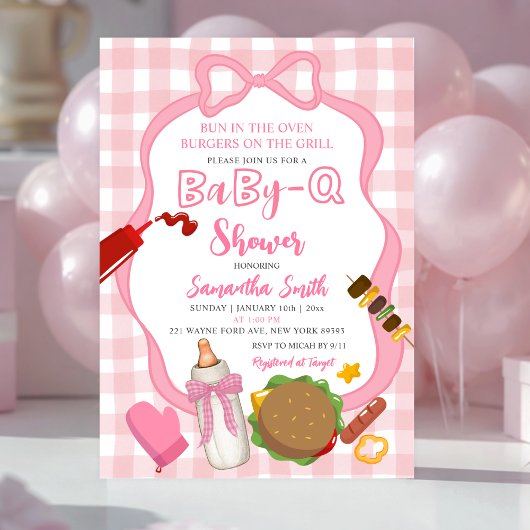 Pink Bow Gingham  Babyq baby shower invitation Kaart