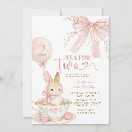 Pink Bow Gingham Bunny Girl Birthday Invitation Kaart (Voorkant)